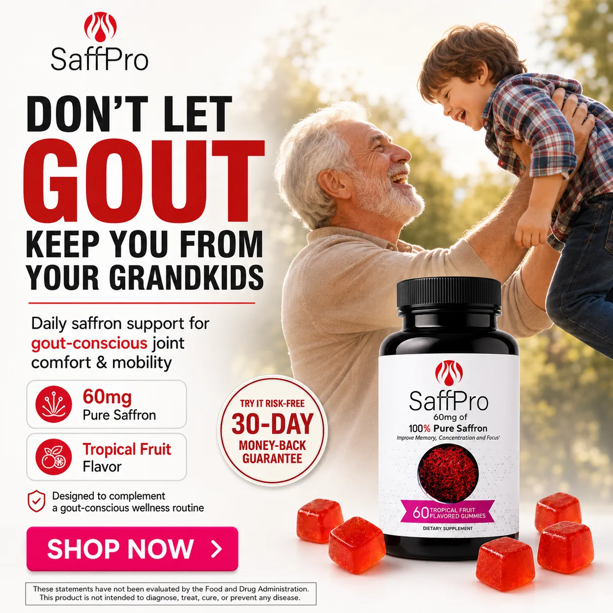 מודעת מוצר SaffPro - תוסף זעפרן טבעי נגד גאוט לסבים וסבתות