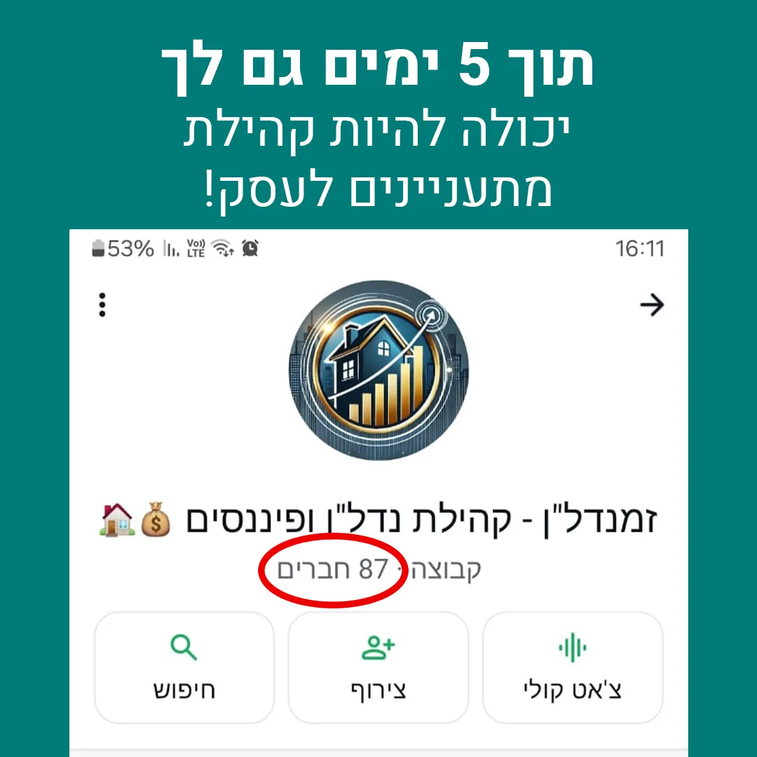 צילום מסך קבוצת ווטסאפ לדוגמה - קהילת נדל"ן ופיננסים עם 87 חברים